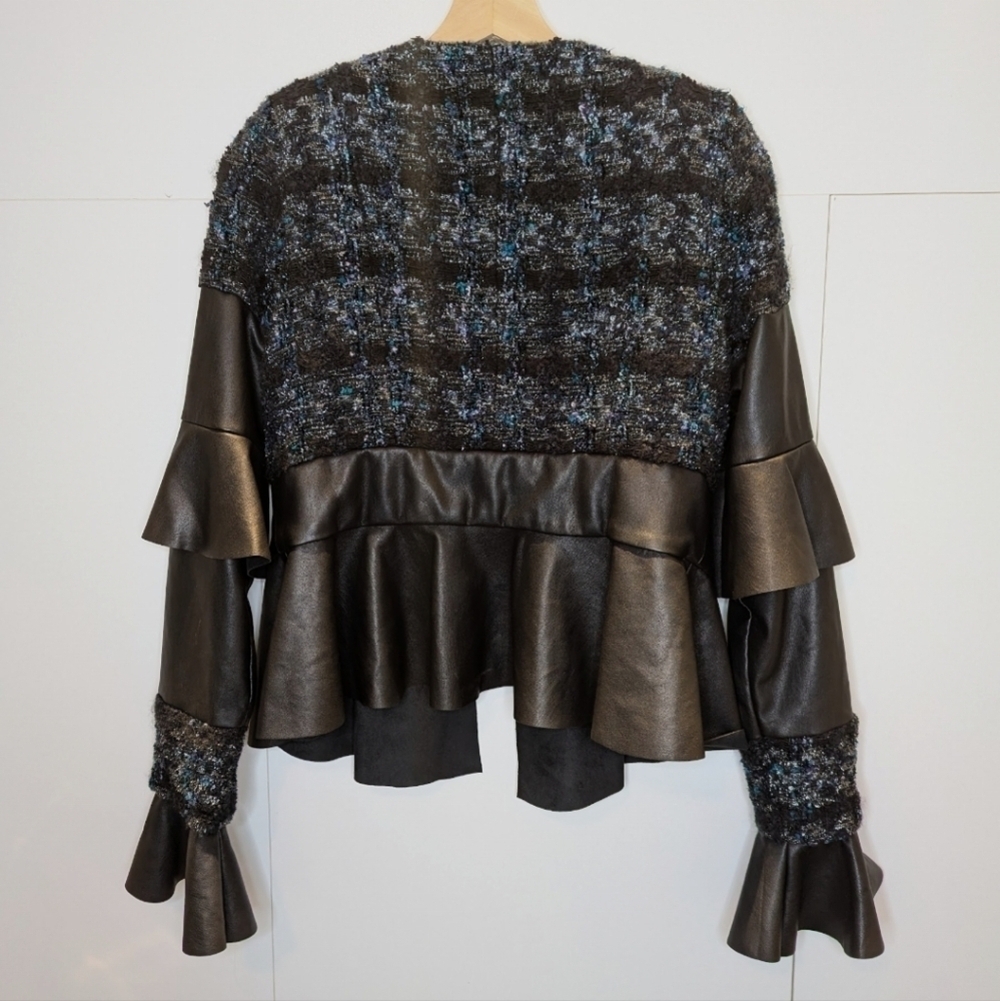 Deborah Lyons Ohio Black Vegan Leather & Tweed Jacket Size 8 - Picture 4 of 8